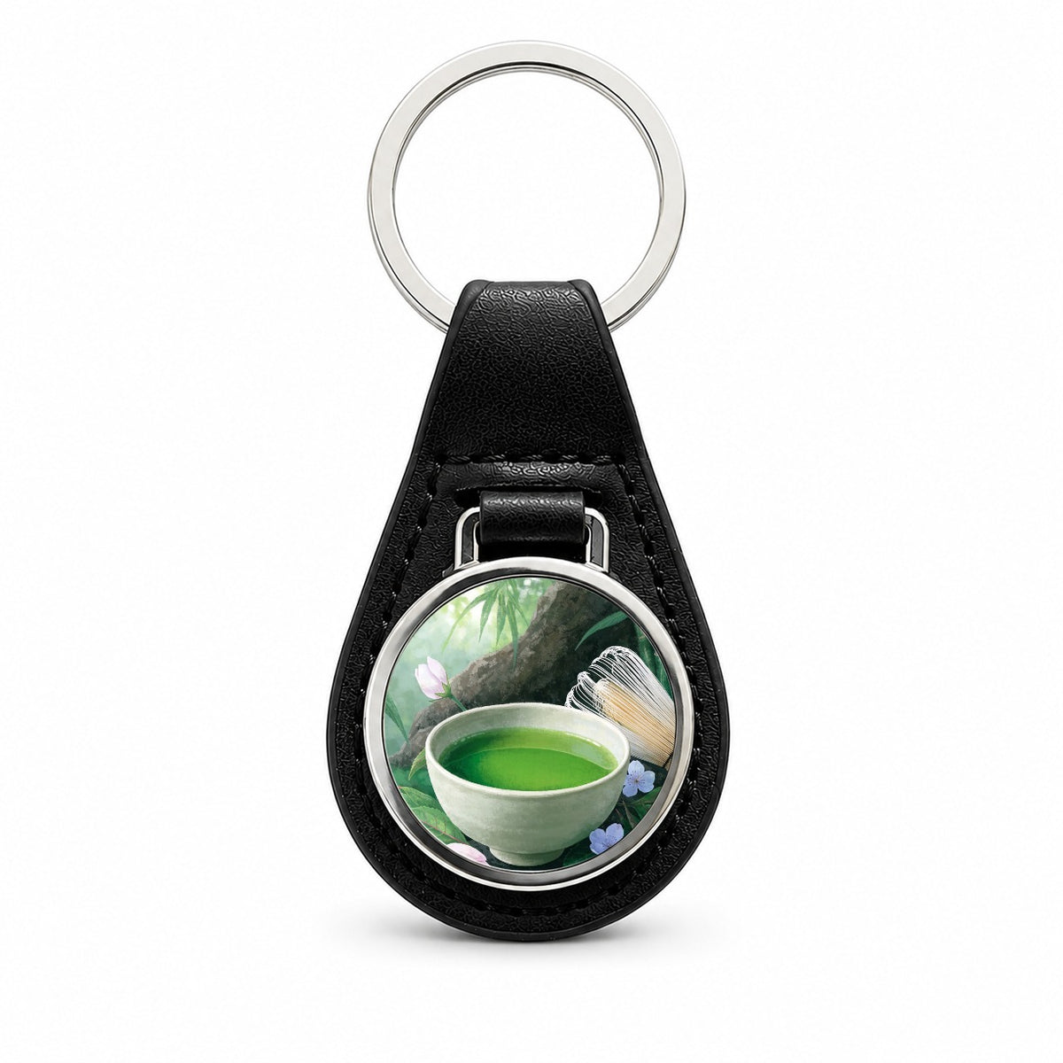 Matcha Tea Garden Black Leather Metal Keychain