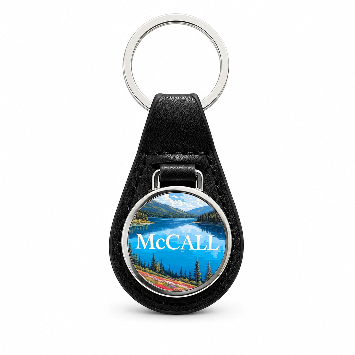 McCall Idaho Travel Black Leather Metal Keychain