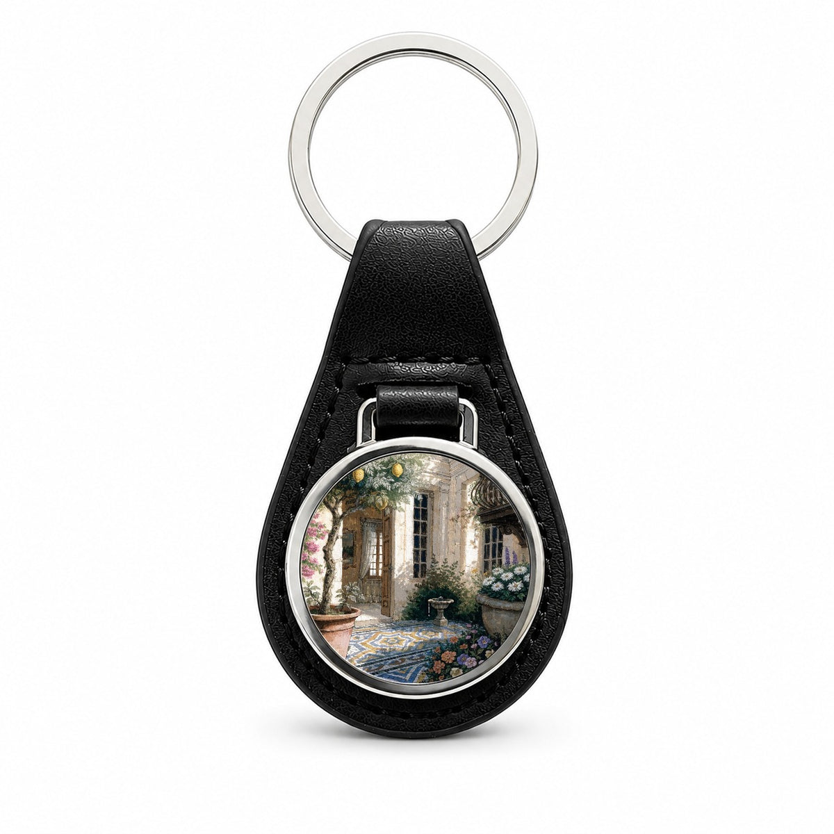 Mediterranean Courtyard Garden Black Leather Metal Keychain