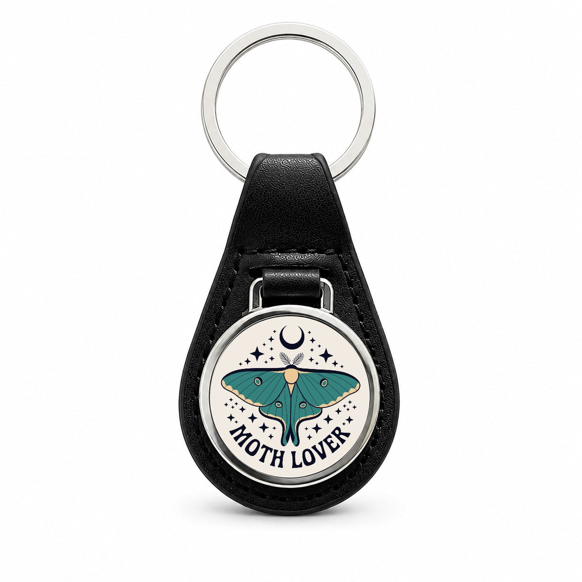Moth Lover Luna Crescent Moon Black Leather Metal Keychain
