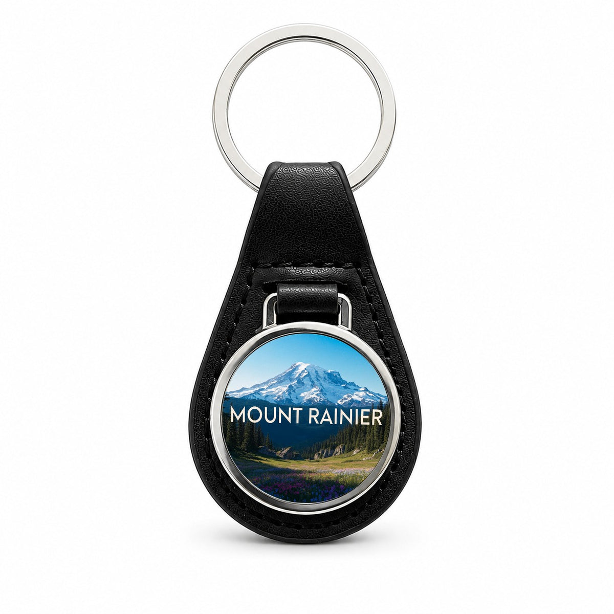 Mount Rainier Washington Travel Black Leather Metal Keychain