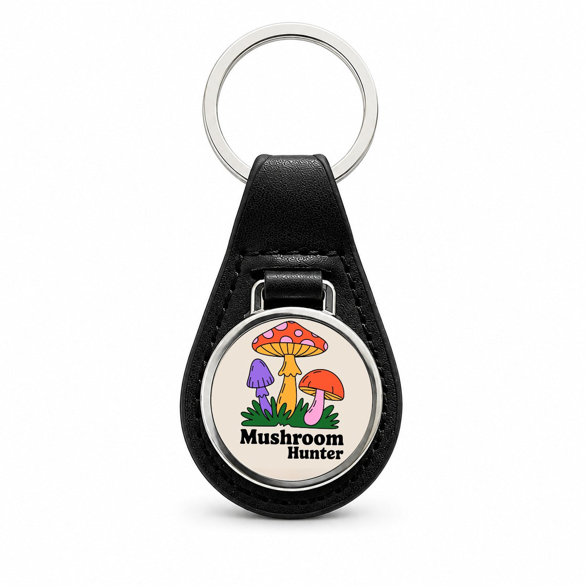 Mushroom Hunter Colorful Woodland Black Leather Metal Keychain