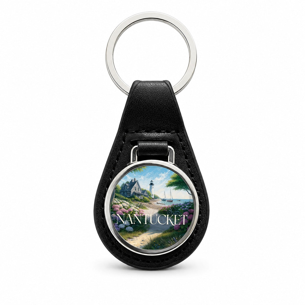 Nantucket Massachusetts Travel Lighthouse Black Leather Metal Keychain