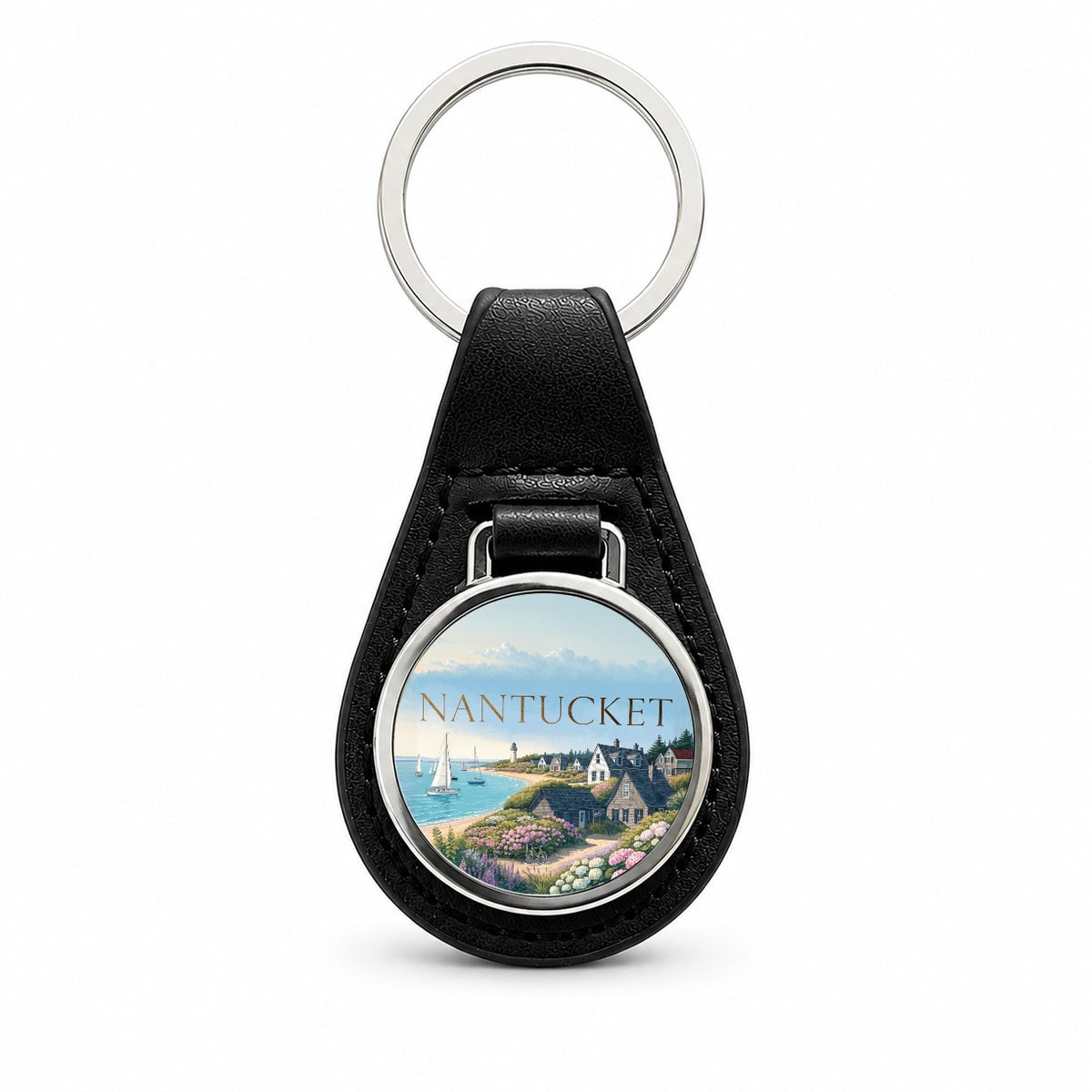 Nantucket Massachusetts Travel Black Leather Metal Keychain