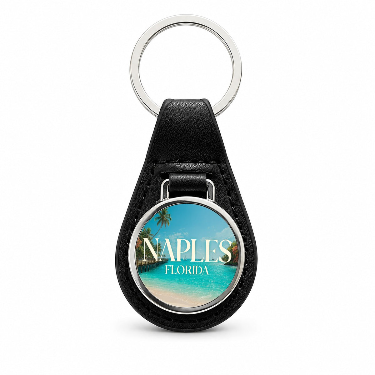 Naples Florida Travel Black Leather Metal Keychain