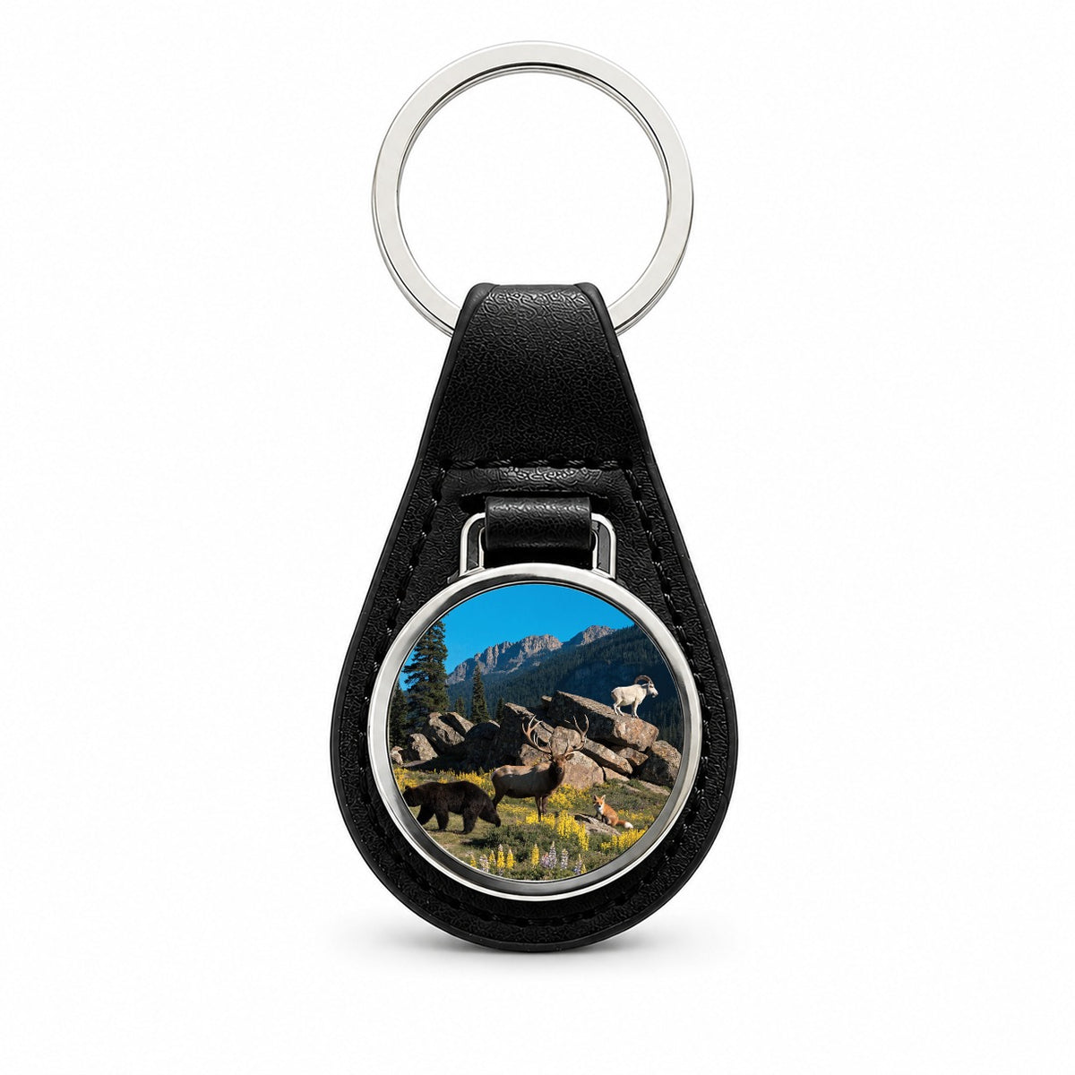 National Park Animals Photo Bear Elk Fox Goat Black Leather Metal Keychain