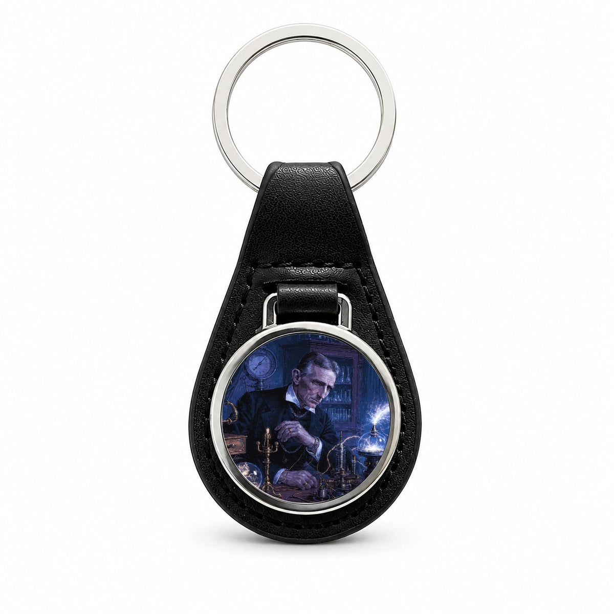 Nikola Tesla Inventor Black Leather Metal Keychain