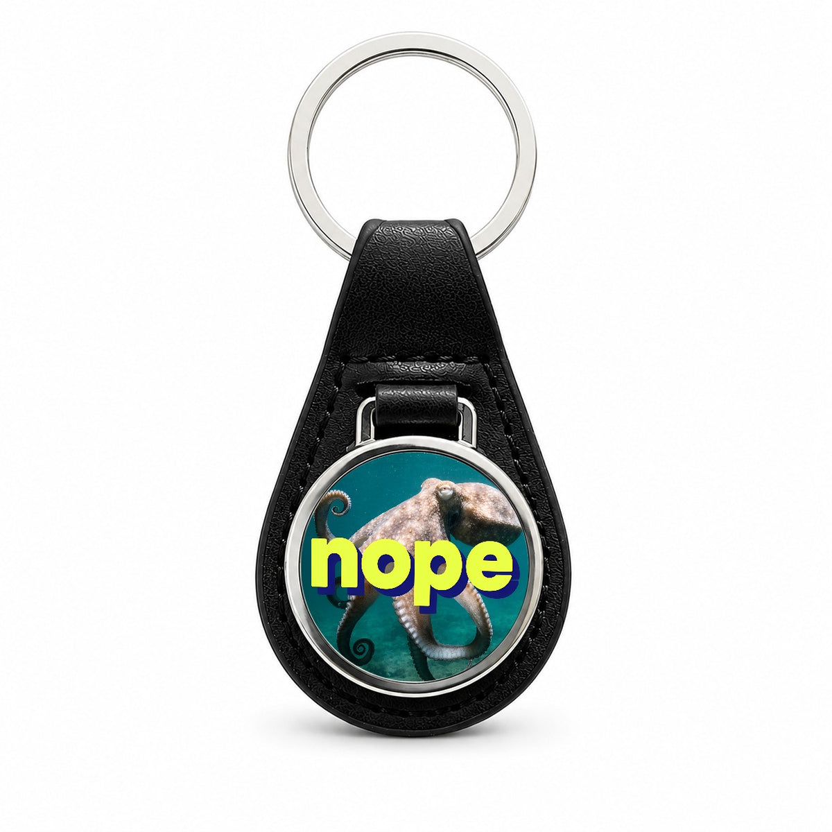 Nope Octopus Funny Black Leather Metal Keychain