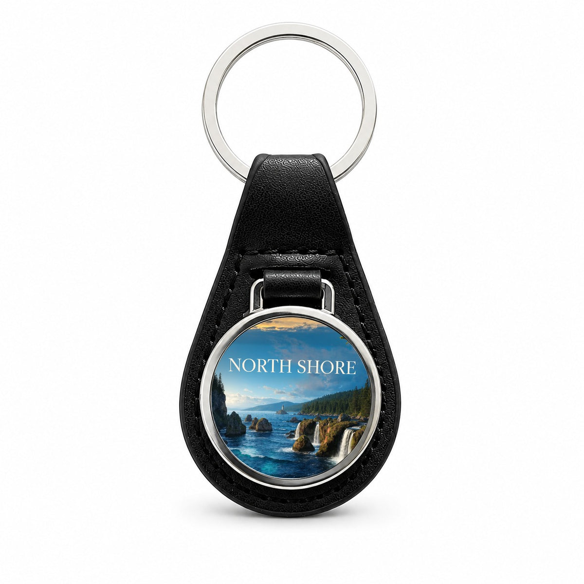 North Shore Minnesota Travel Black Leather Metal Keychain