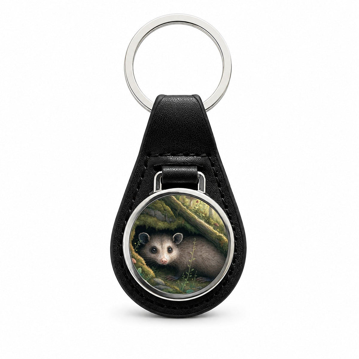 Opossum Woodland Garden Black Leather Metal Keychain