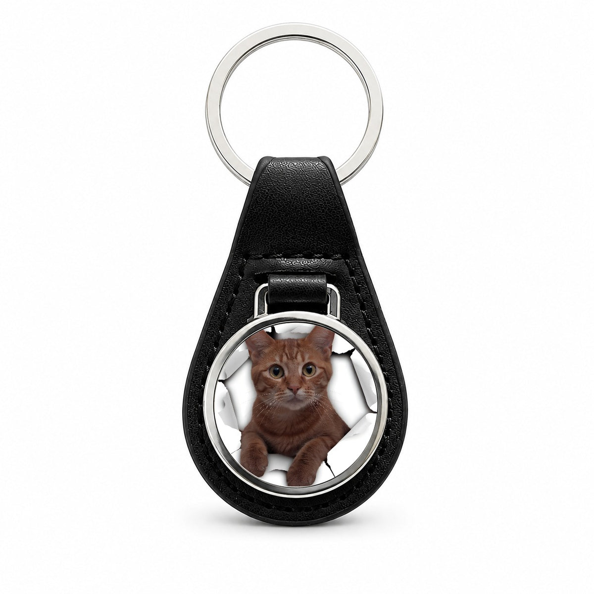 Orange Cat Breakout Black Leather Metal Keychain