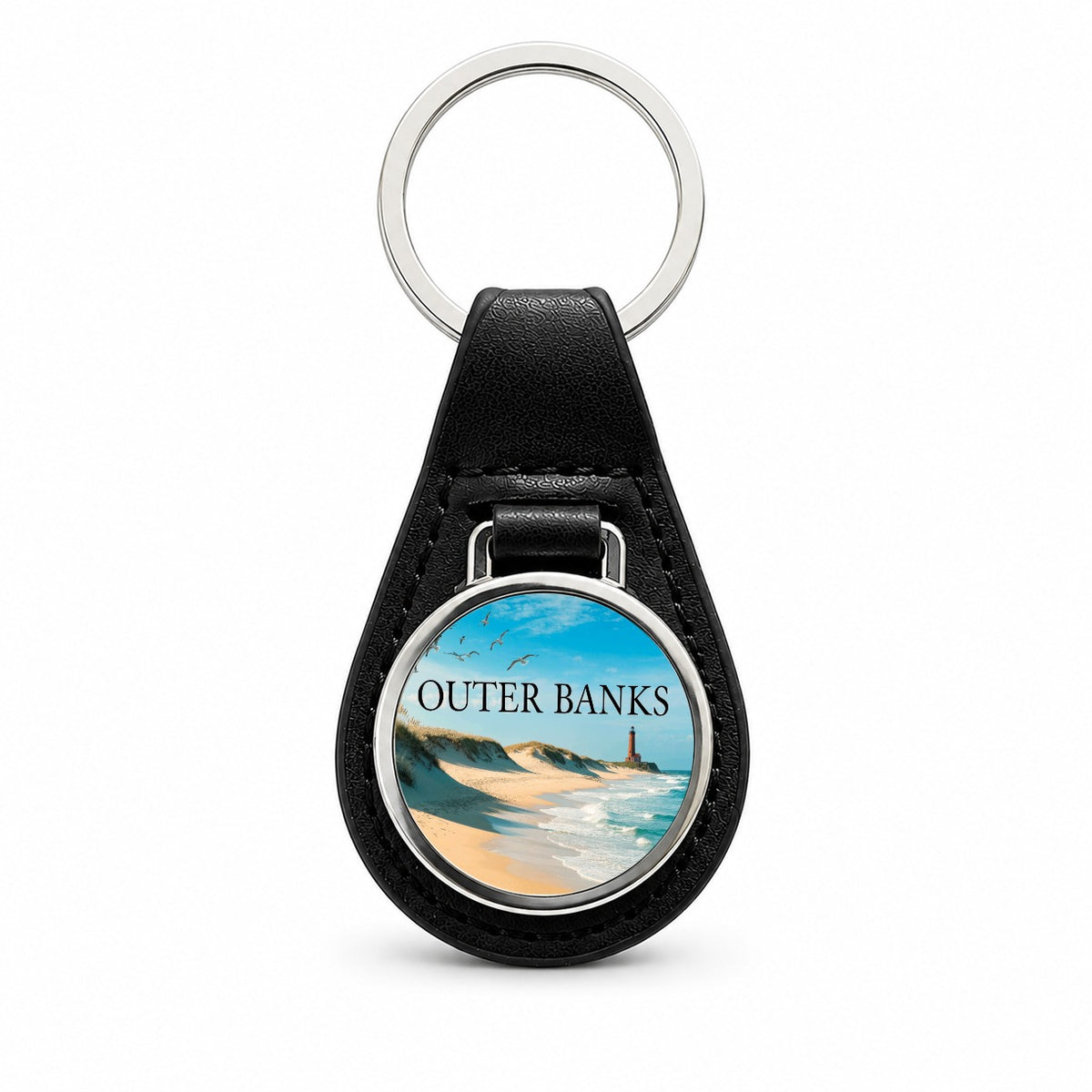 Outer Banks North Carolina Travel Beach Black Leather Metal Keychain