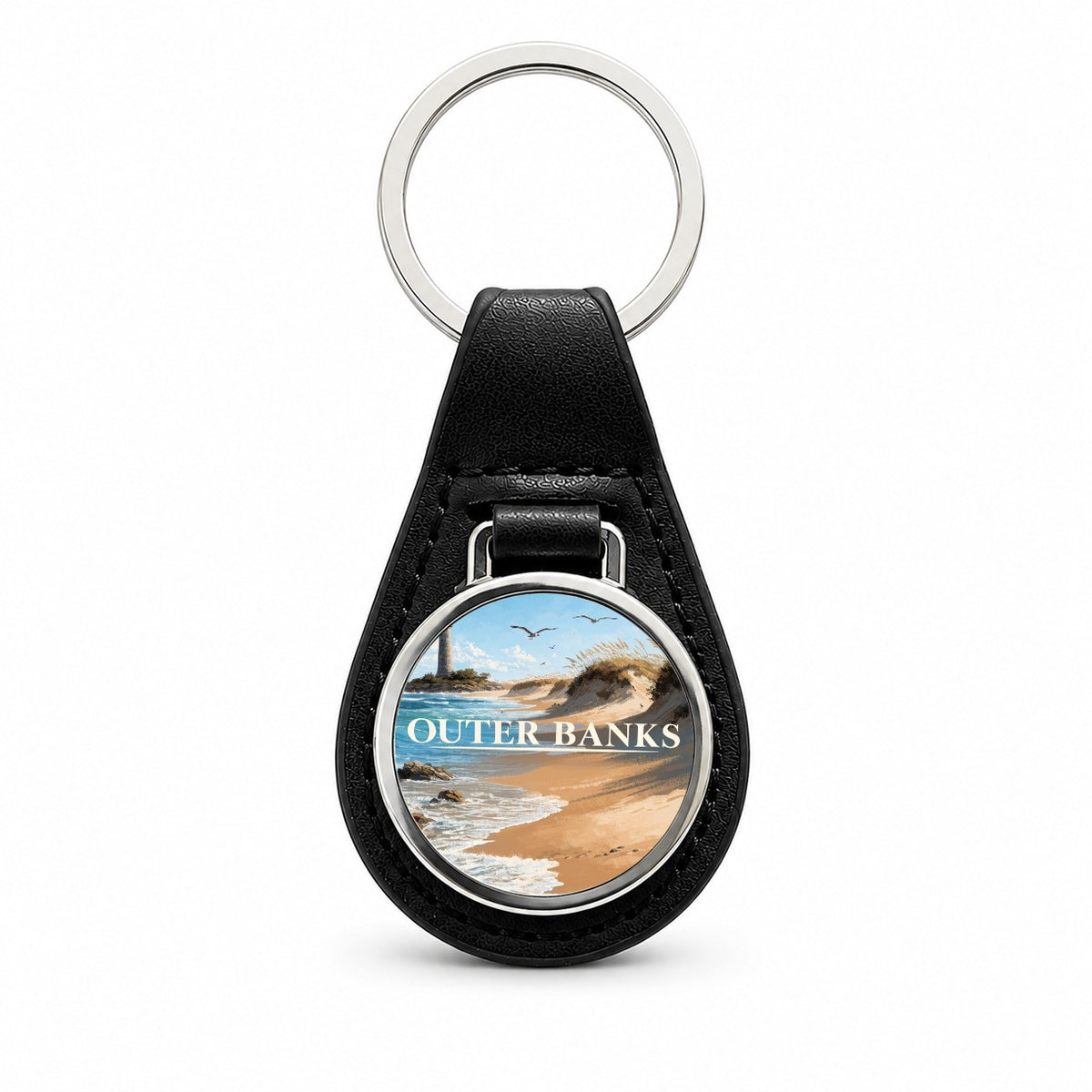 Outer Banks North Carolina Travel Black Leather Metal Keychain