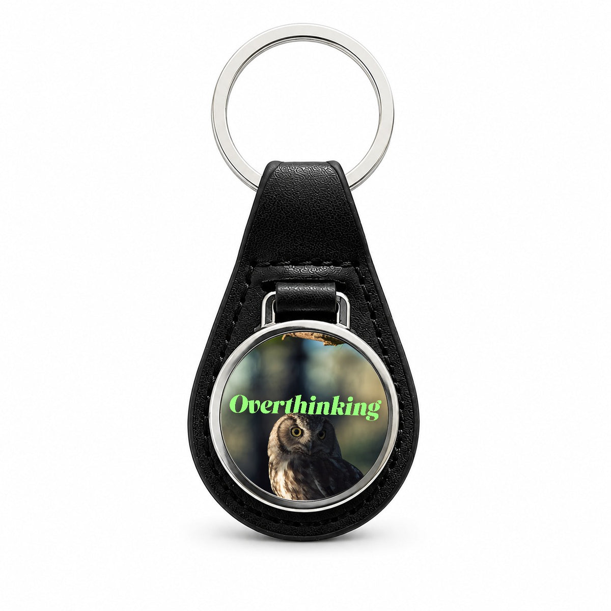 Overthinking Owl Funny Black Leather Metal Keychain