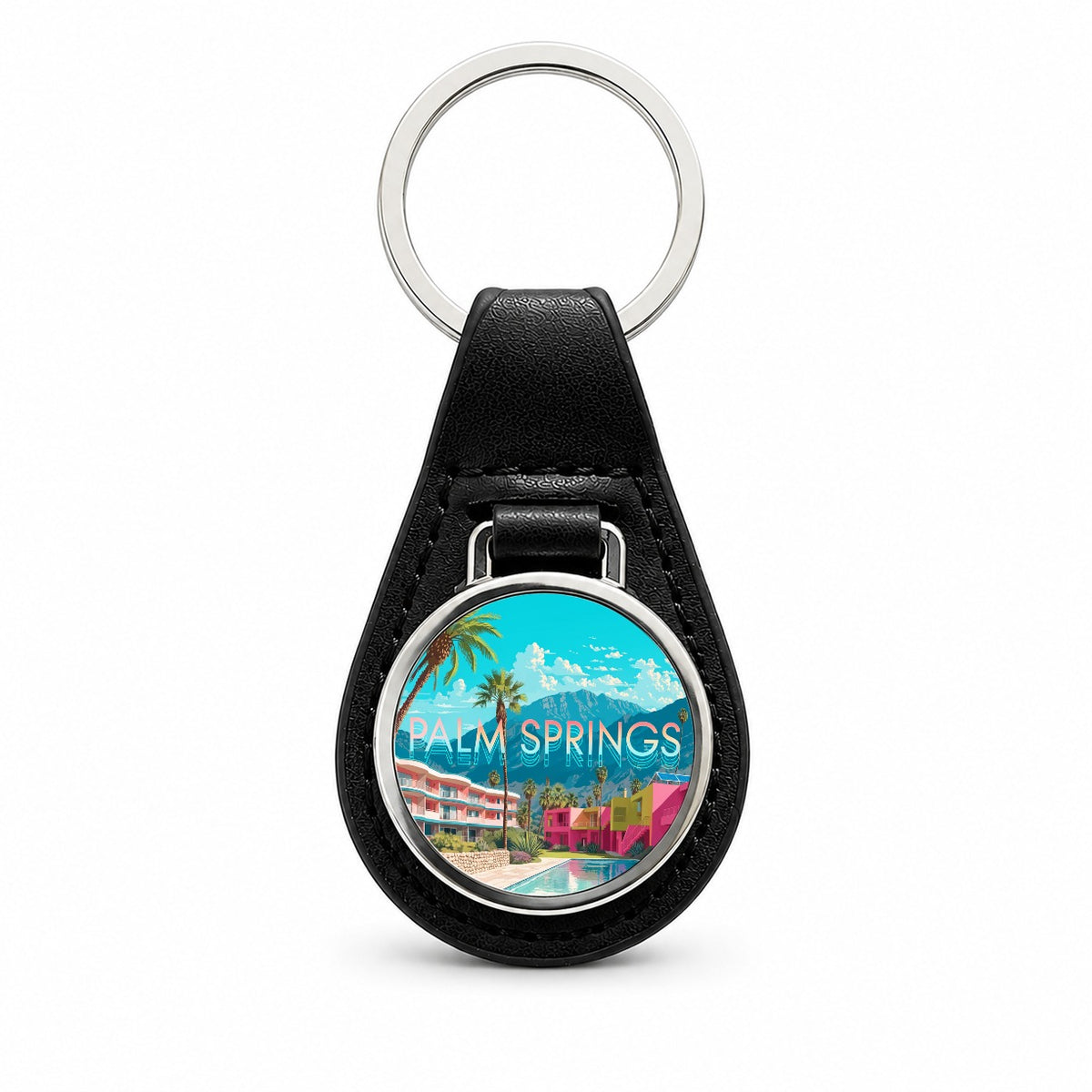 Palm Springs California Travel Black Leather Metal Keychain
