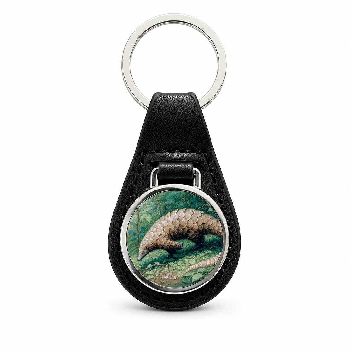 Pangolin Woodland Black Leather Metal Keychain