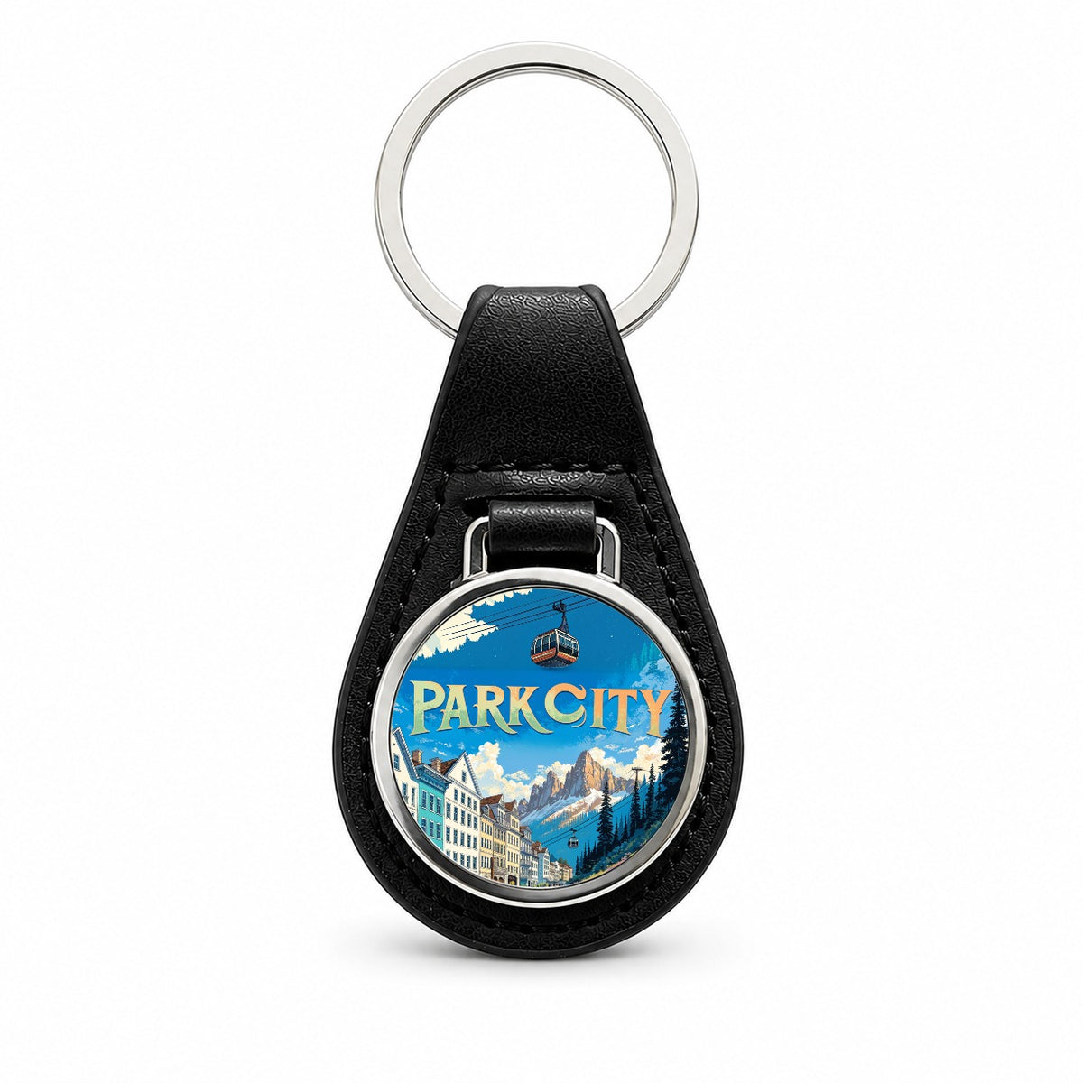 Park City Utah Travel Black Leather Metal Keychain