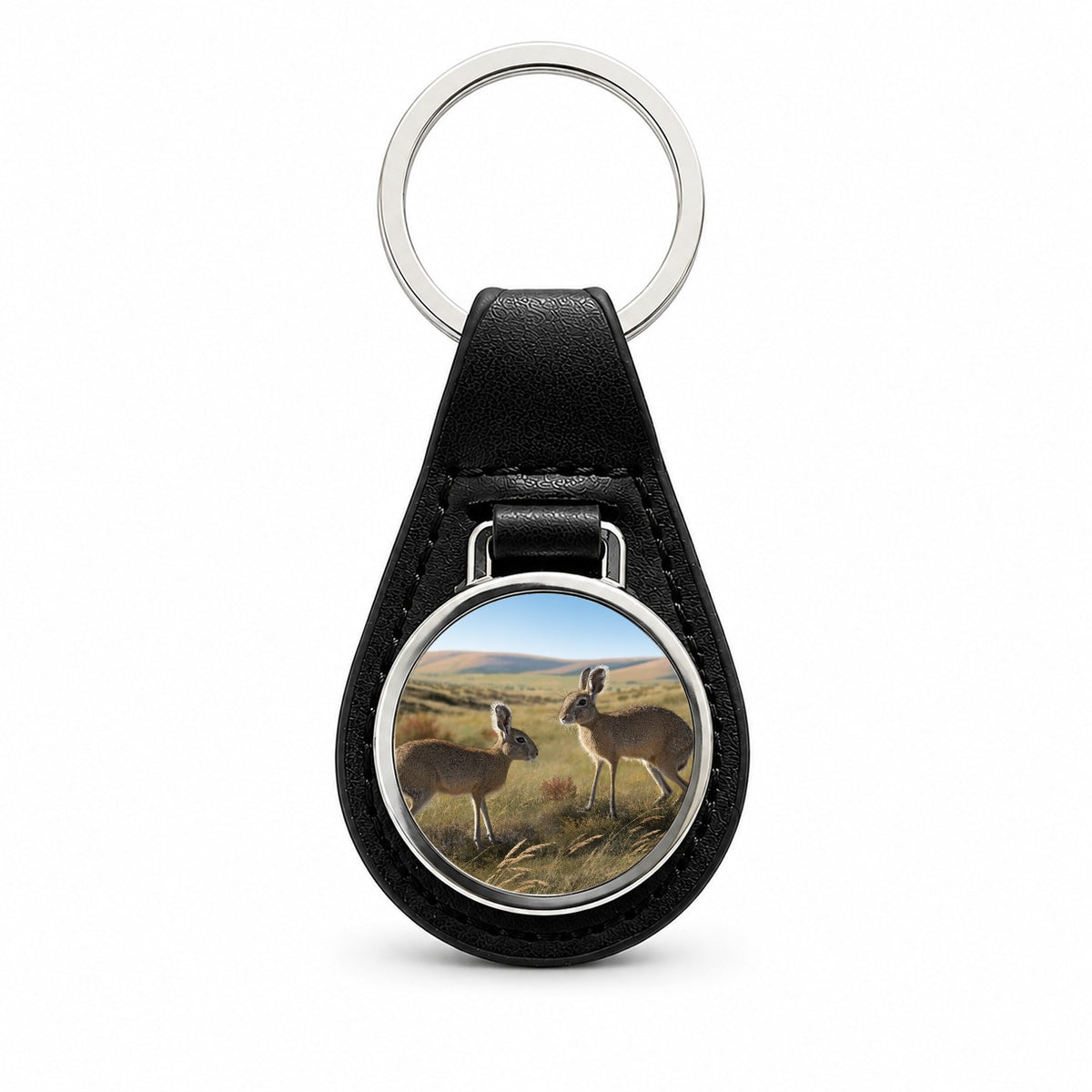 Patagonian Mara Grasslands Black Leather Metal Keychain