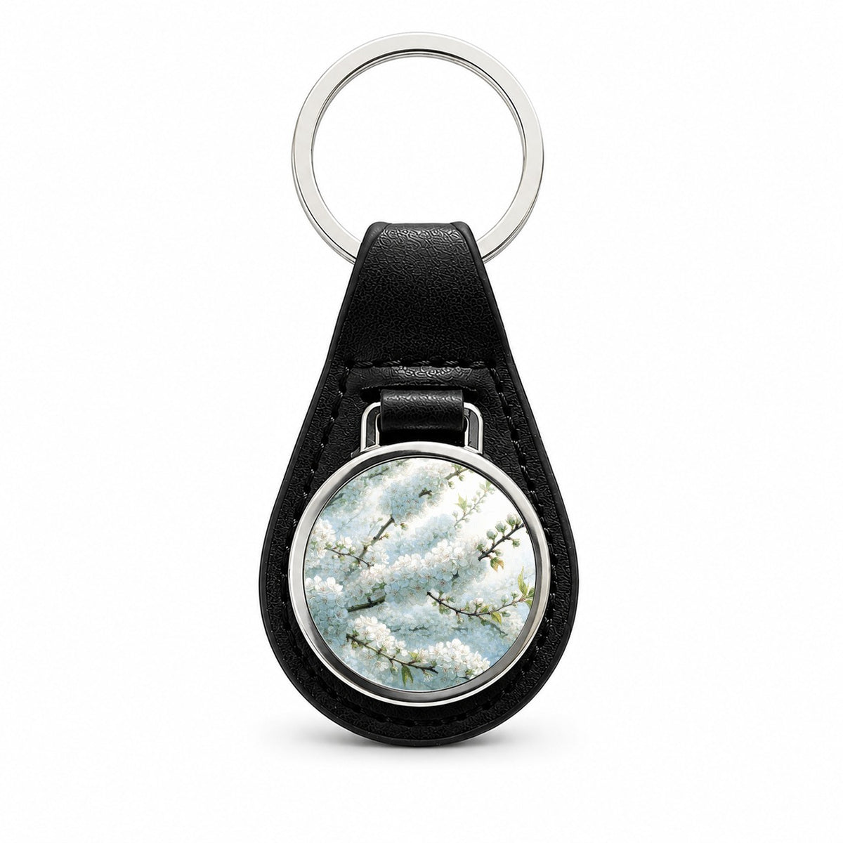 Pear Blossom Branches Black Leather Metal Keychain