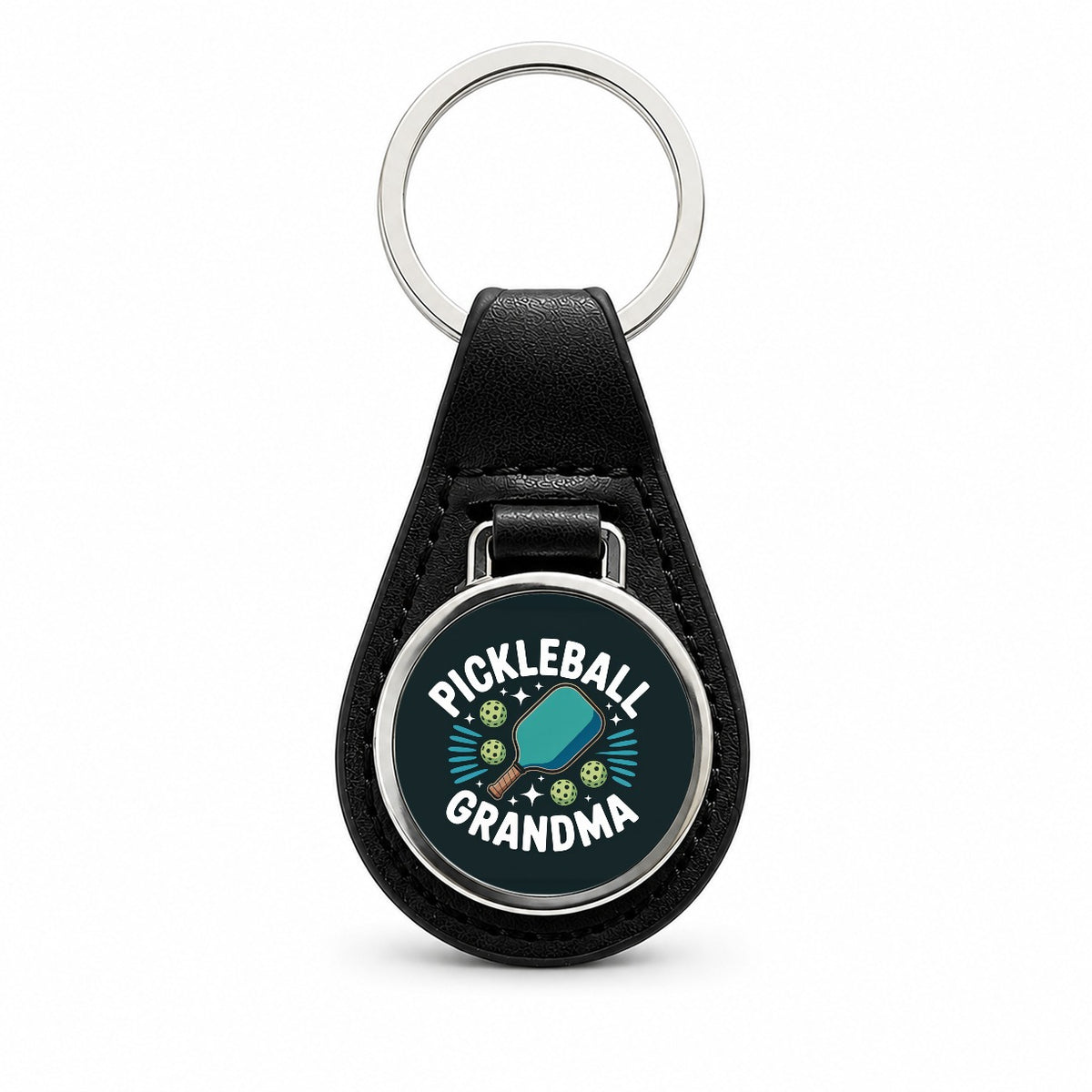 Pickleball Grandma Black Leather Metal Keychain