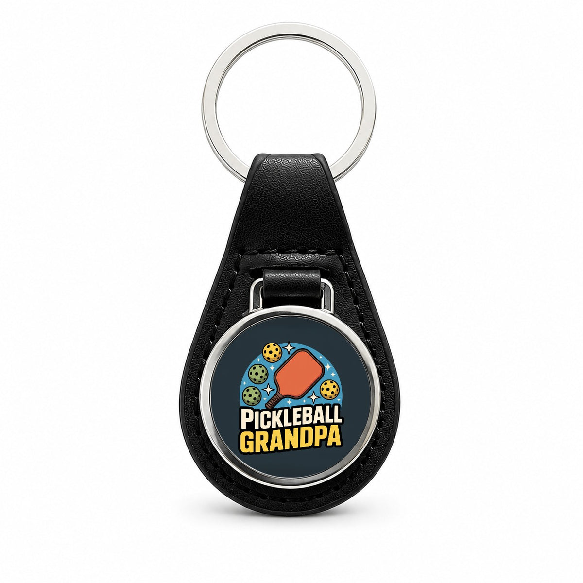 Pickleball Grandpa Black Leather Metal Keychain