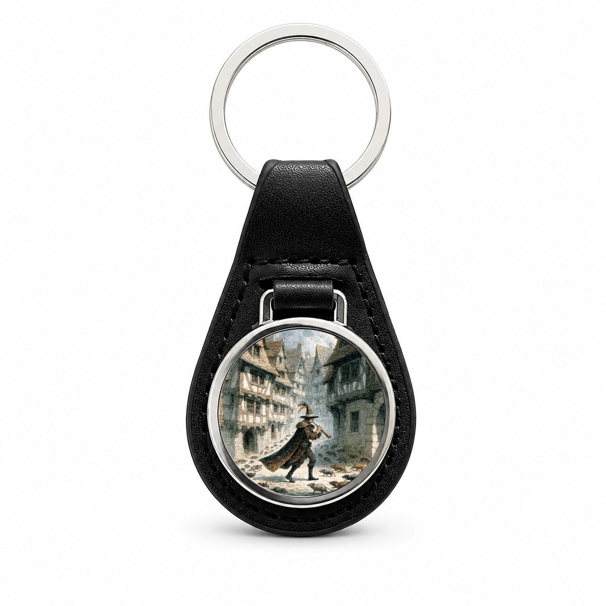 Pied Piper Fairy Tale Black Leather Metal Keychain