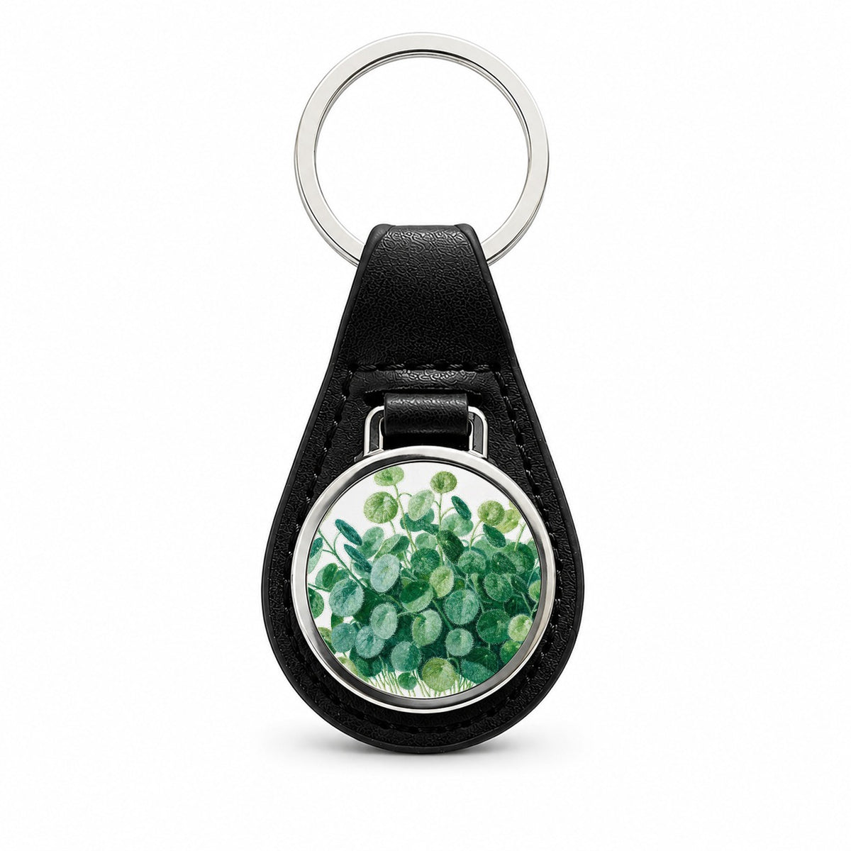 Pilea Chinese Money Plant Black Leather Metal Keychain