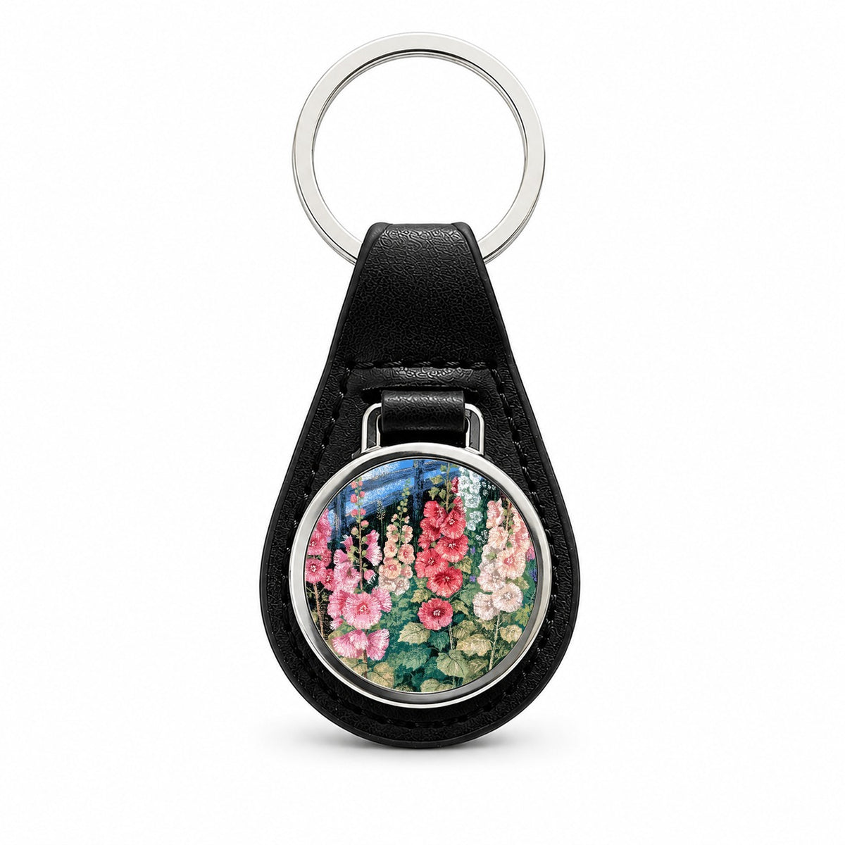 Pink Hollyhock Cottage Garden Black Leather Metal Keychain