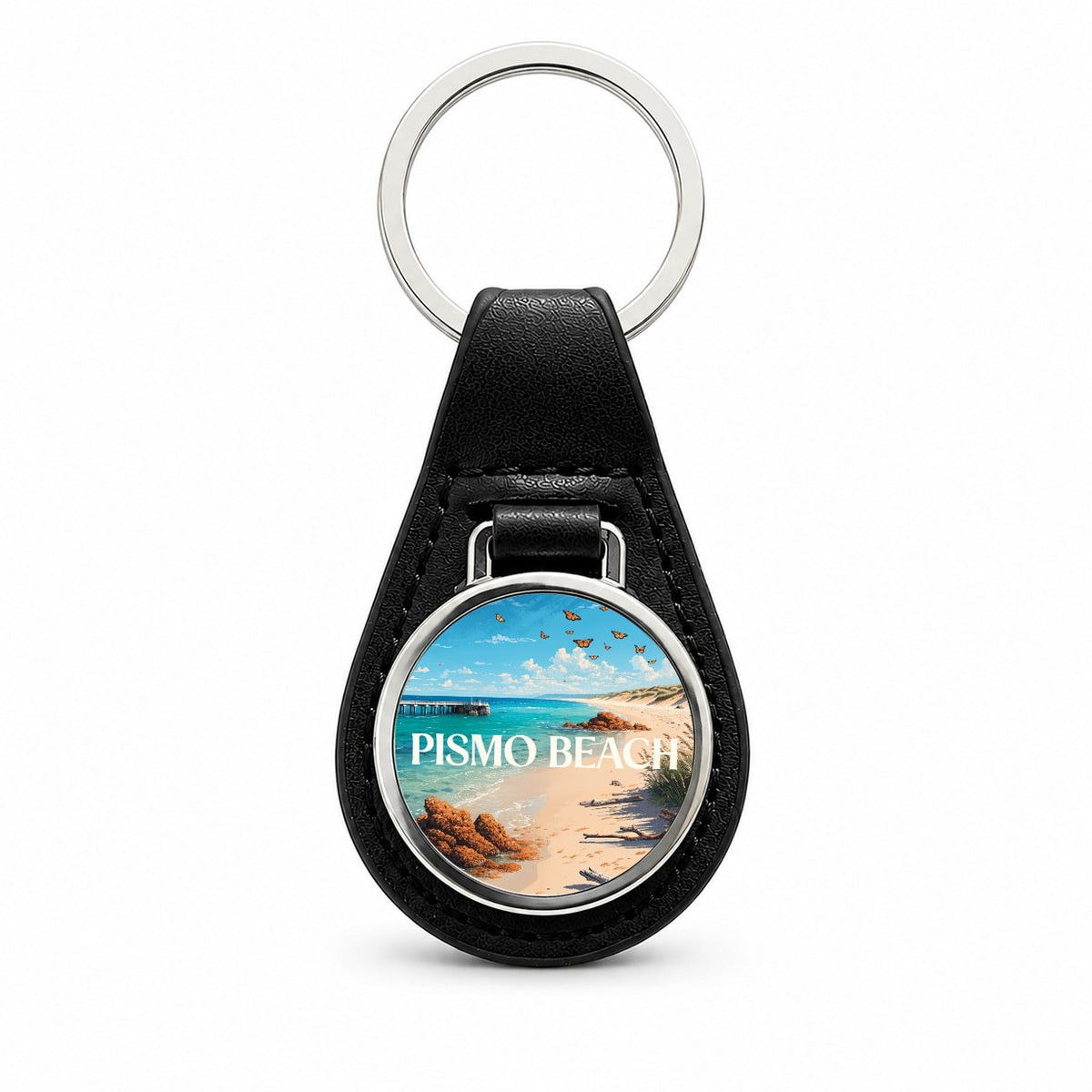 Pismo Beach California Travel Black Leather Metal Keychain