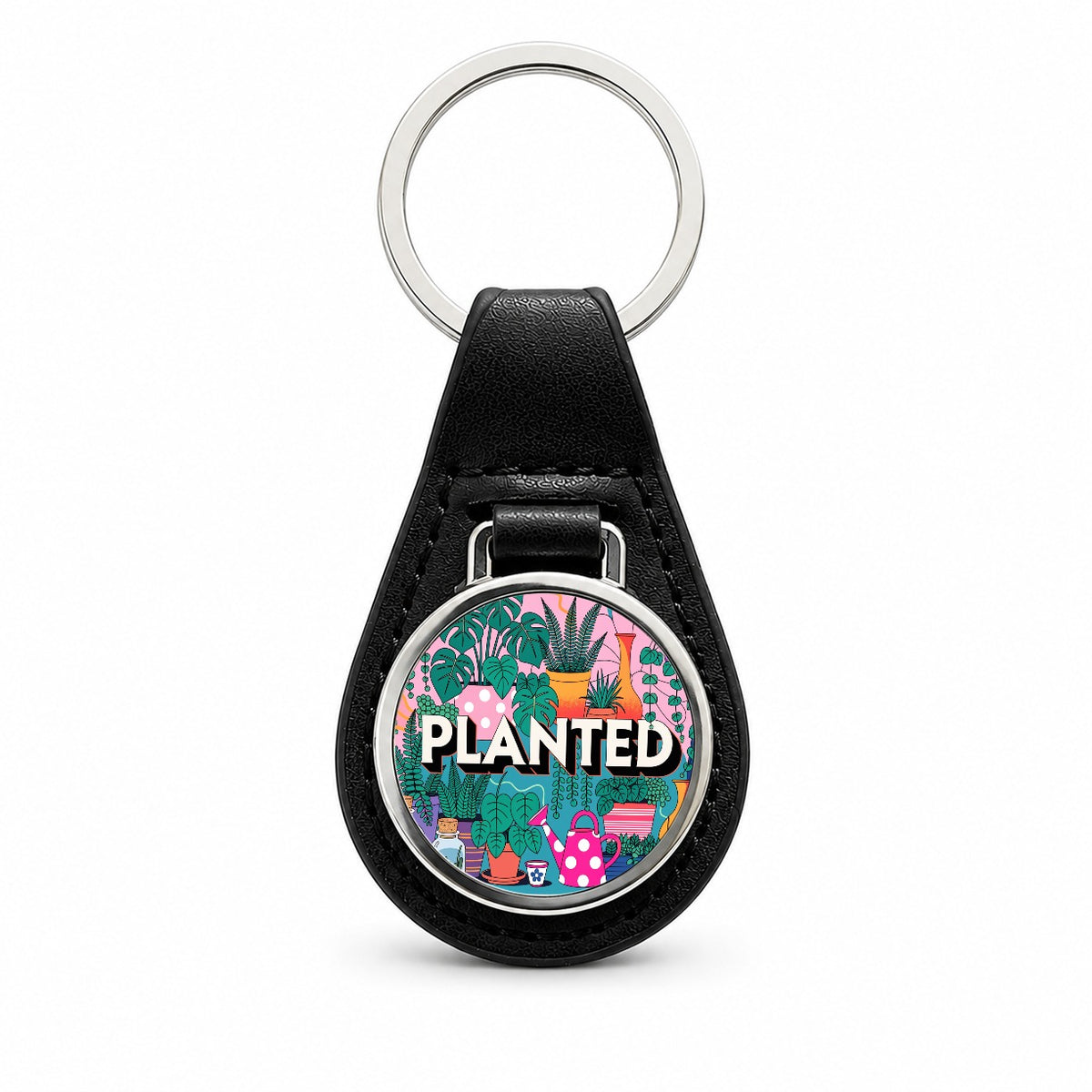 Planted Gardener Gardening Plants Black Leather Metal Keychain