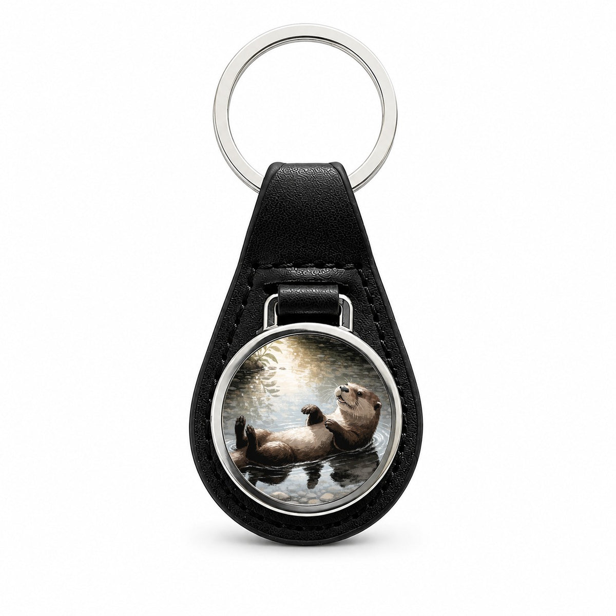 Playful River Otter Black Leather Metal Keychain