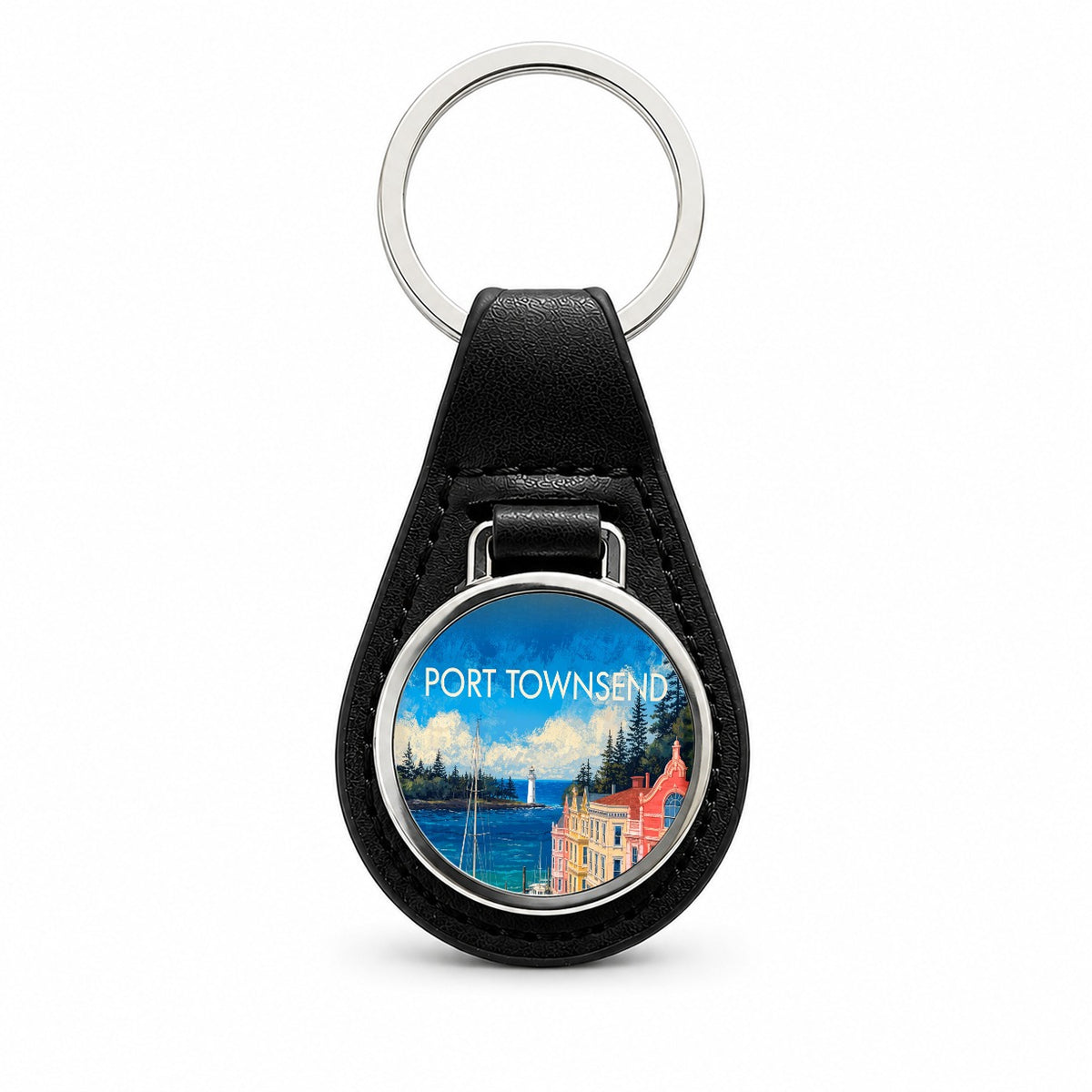 Port Townsend Washington Travel Black Leather Metal Keychain
