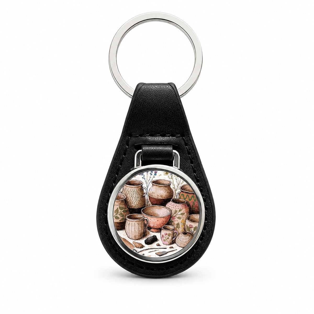 Pottery Ceramics Floral Black Leather Metal Keychain