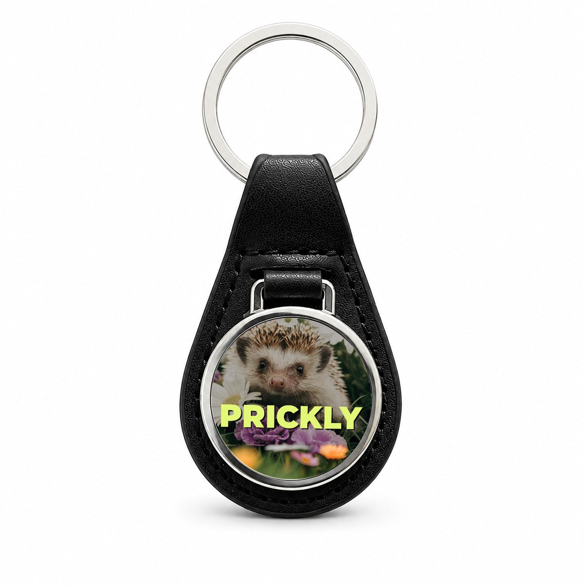 Prickly Hedgehog Adorable Funny Black Leather Metal Keychain