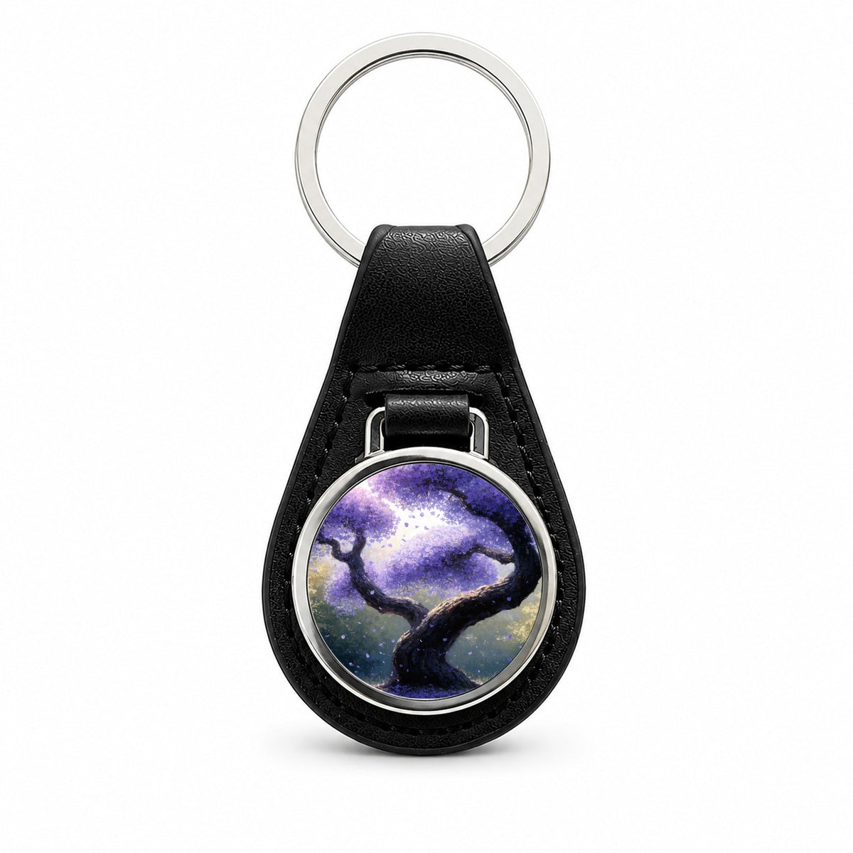 Purple Jacaranda Tree Black Leather Metal Keychain