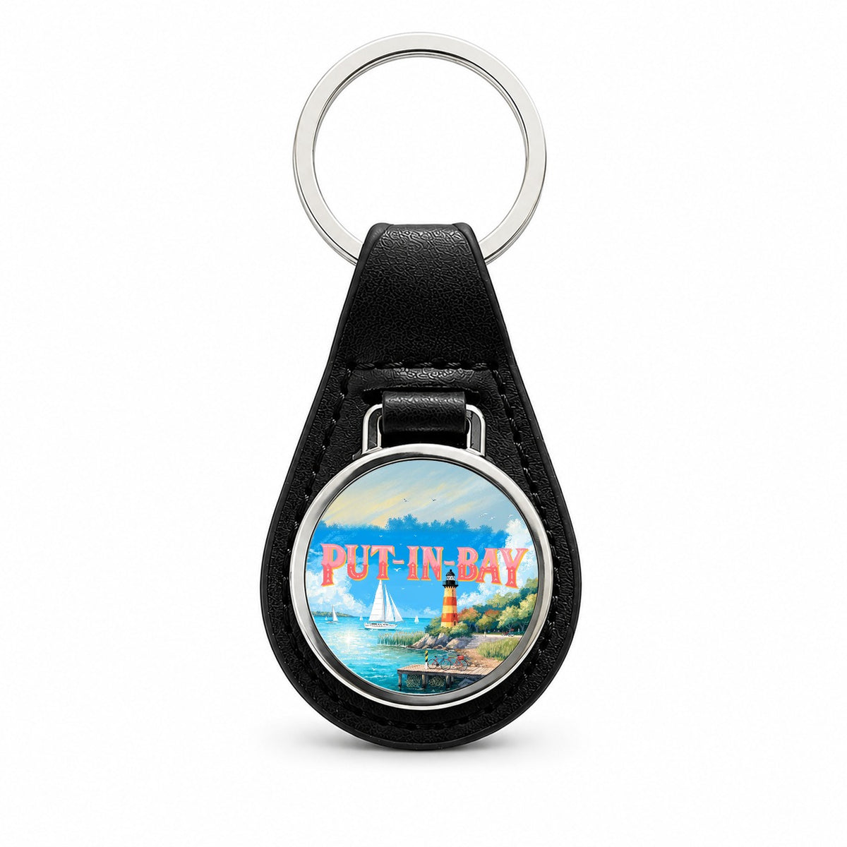 Put-in-Bay Ohio Travel Black Leather Metal Keychain
