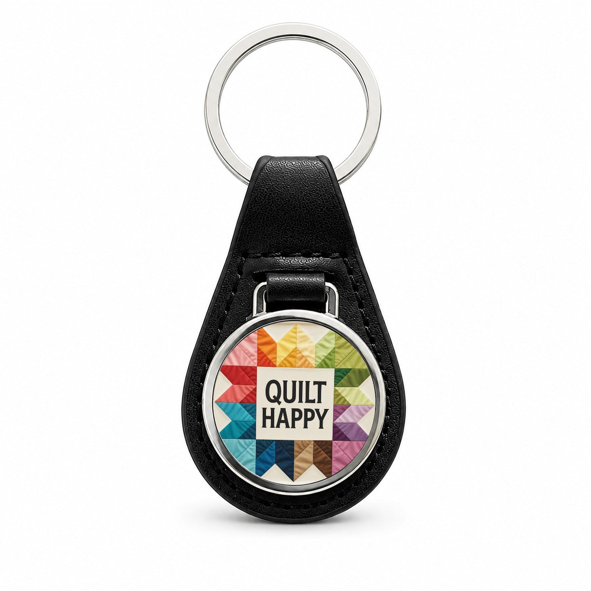 Quilt Happy Colorful Quilting Black Leather Metal Keychain