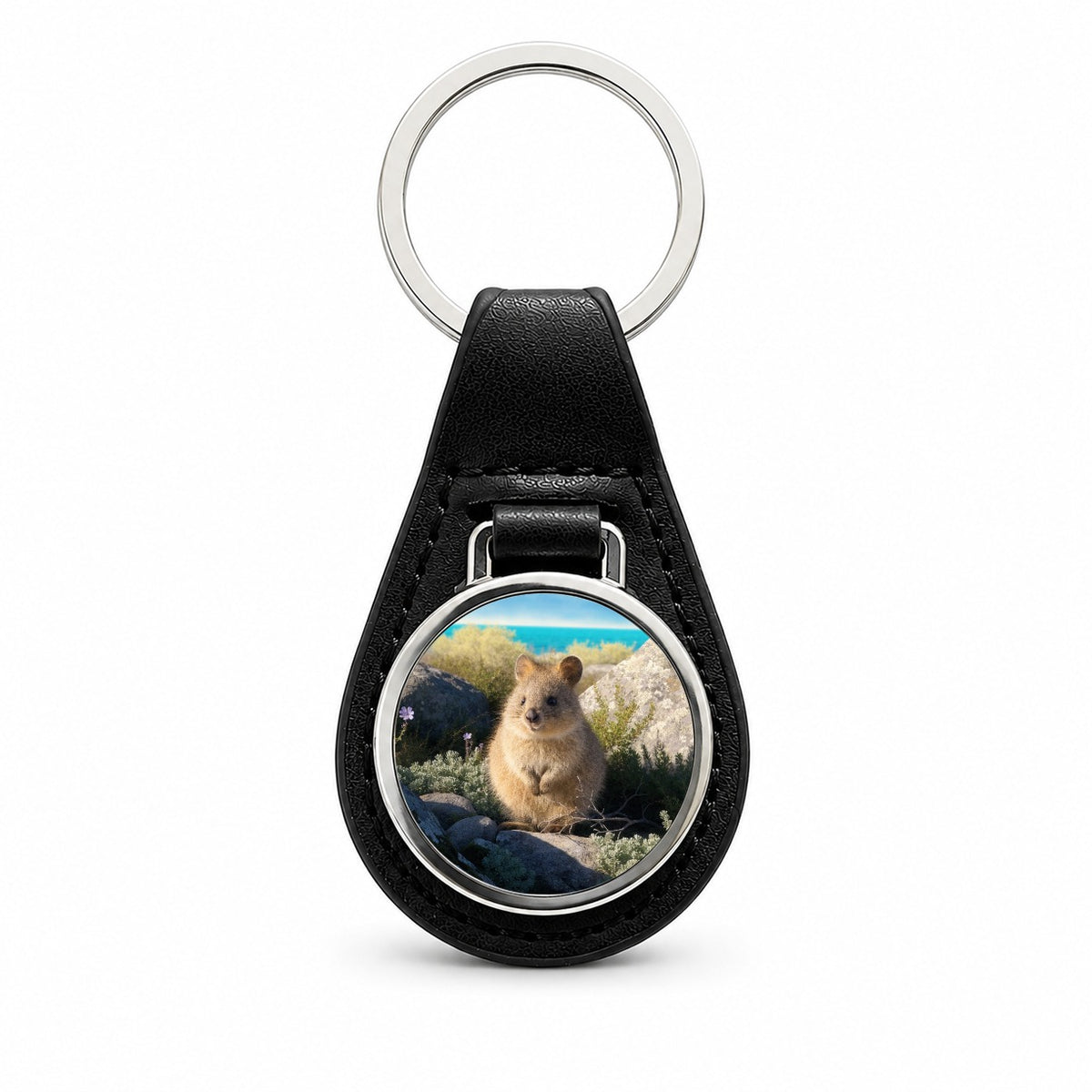 Quokka Island Landscape Black Leather Metal Keychain
