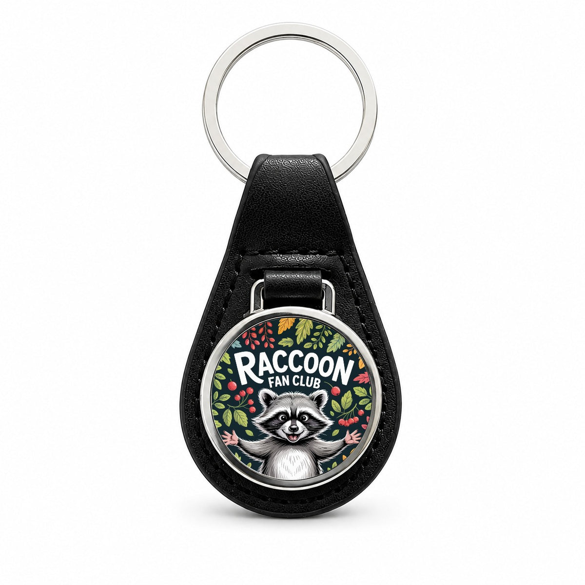 Raccoon Fan Club Mischievous Black Leather Metal Keychain