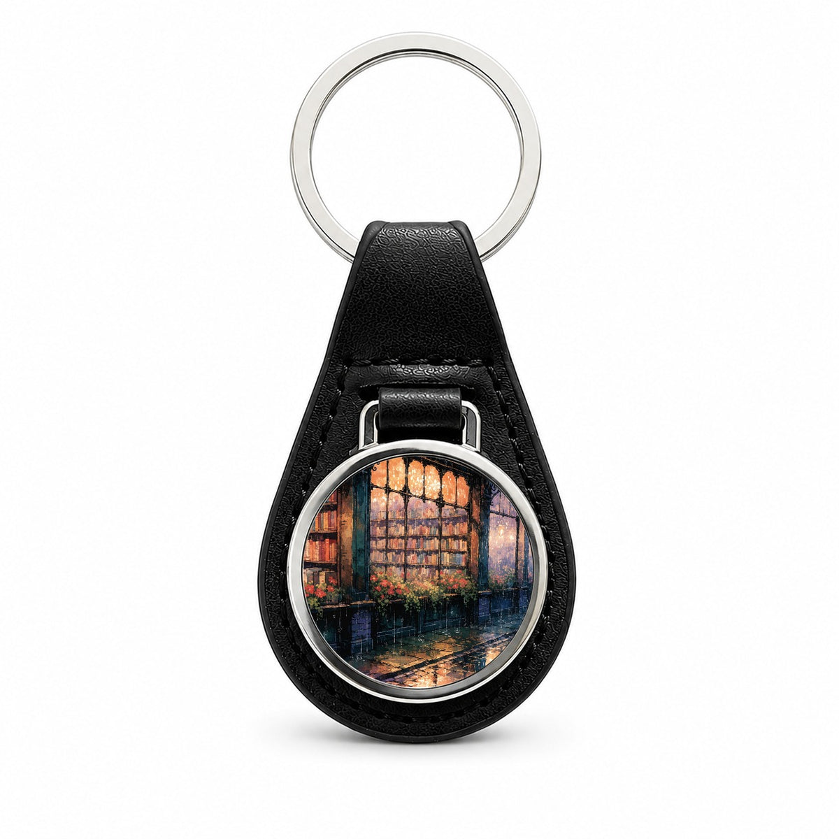 Rainy Bookshop Street Black Leather Metal Keychain