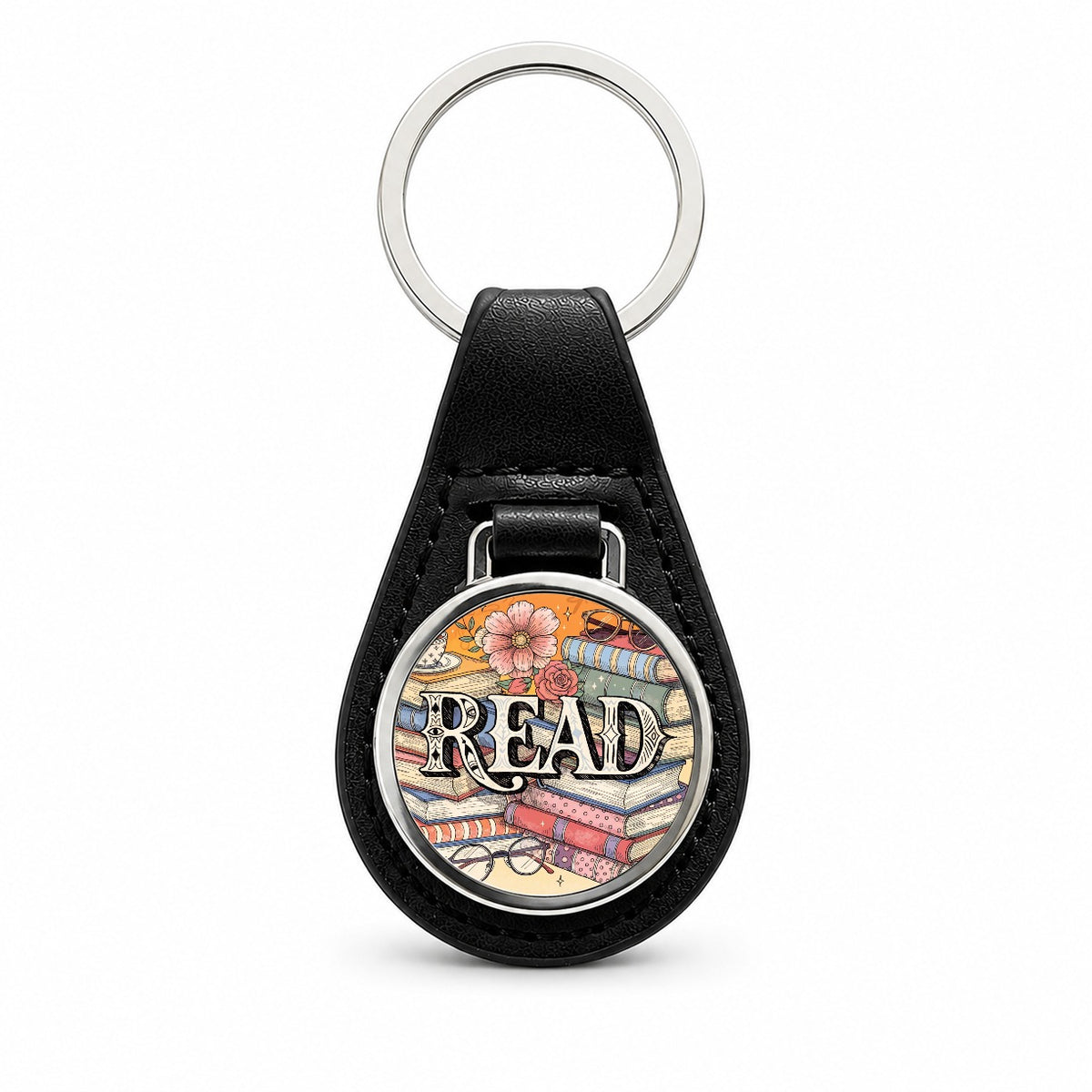 Read Stack Of Books Reading Black Leather Metal Keychain