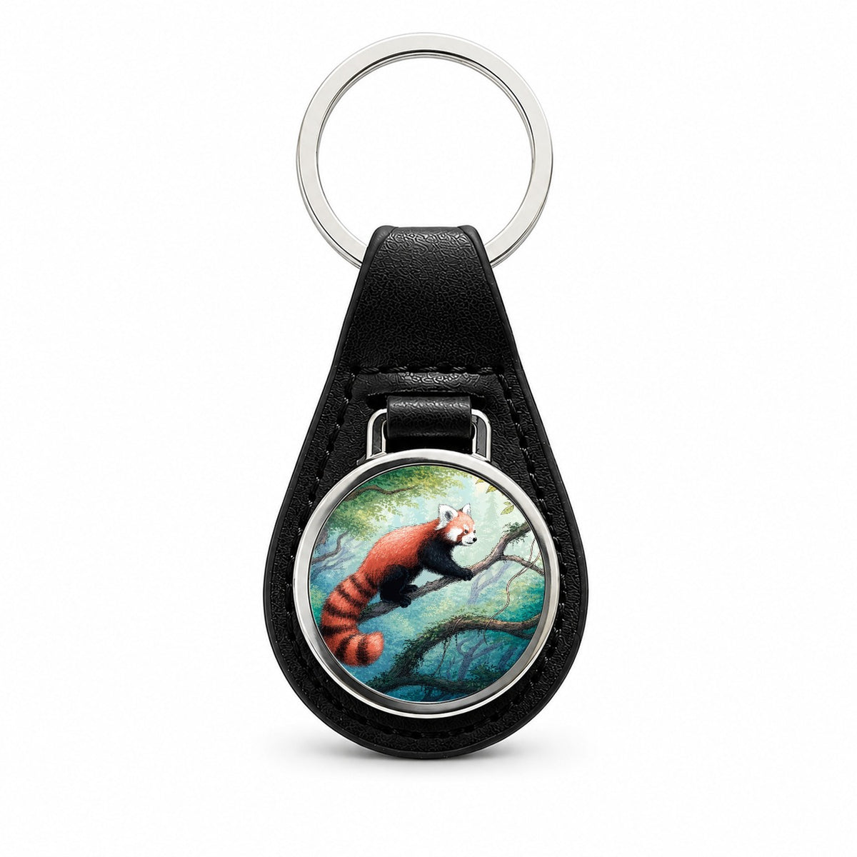 Red Panda Forest Black Leather Metal Keychain