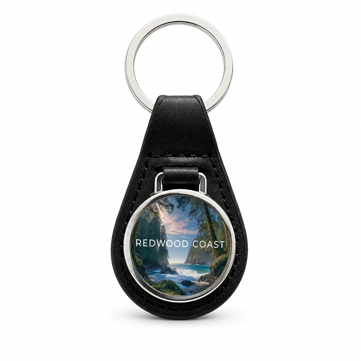 Redwood Coast California Travel Black Leather Metal Keychain