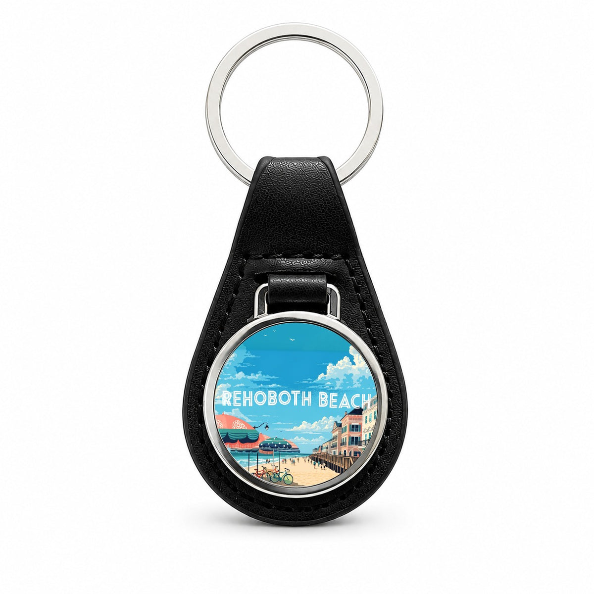 Rehoboth Beach Delaware Travel Black Leather Metal Keychain