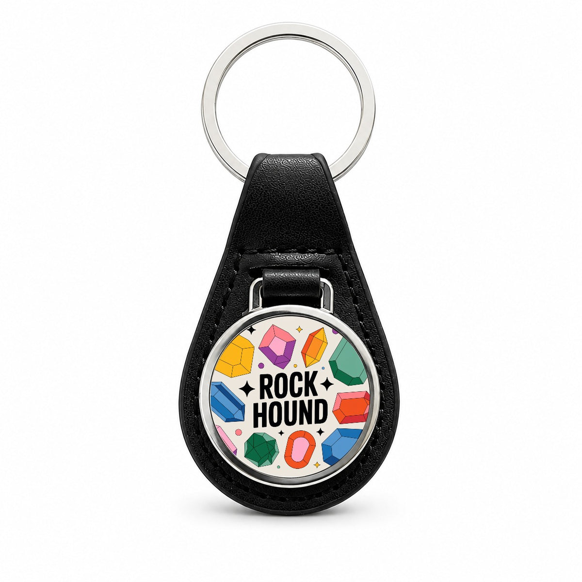 Rock Hound Crystals Polished Stones Black Leather Metal Keychain