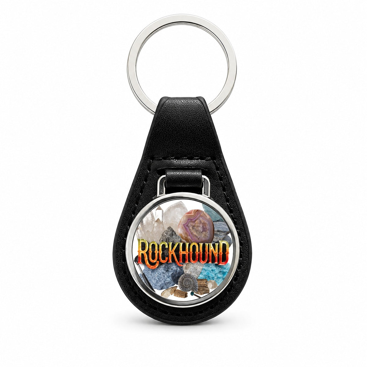 Rockhound Rocks Geodes Black Leather Metal Keychain