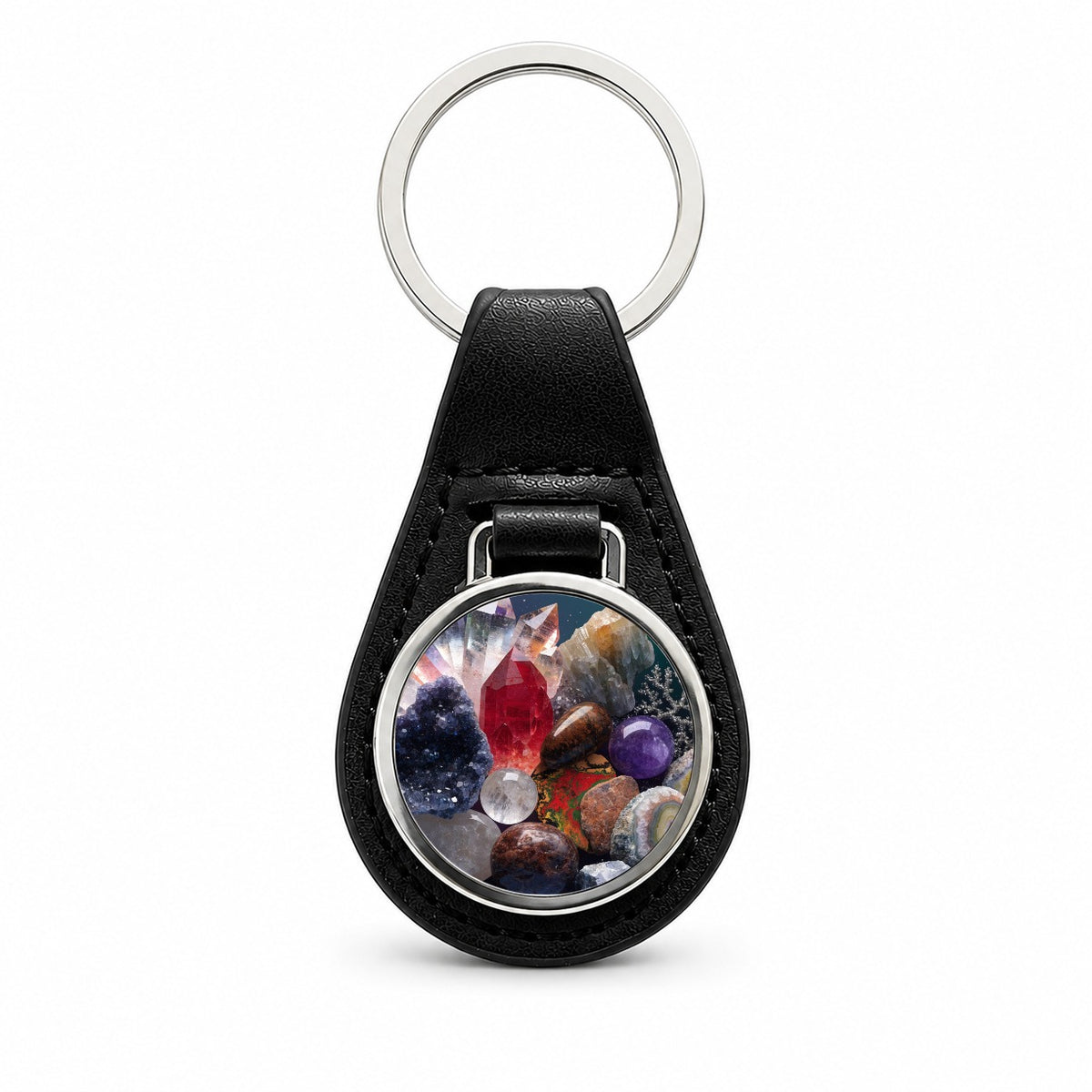 Rockhounding Crystals Geology Black Leather Metal Keychain