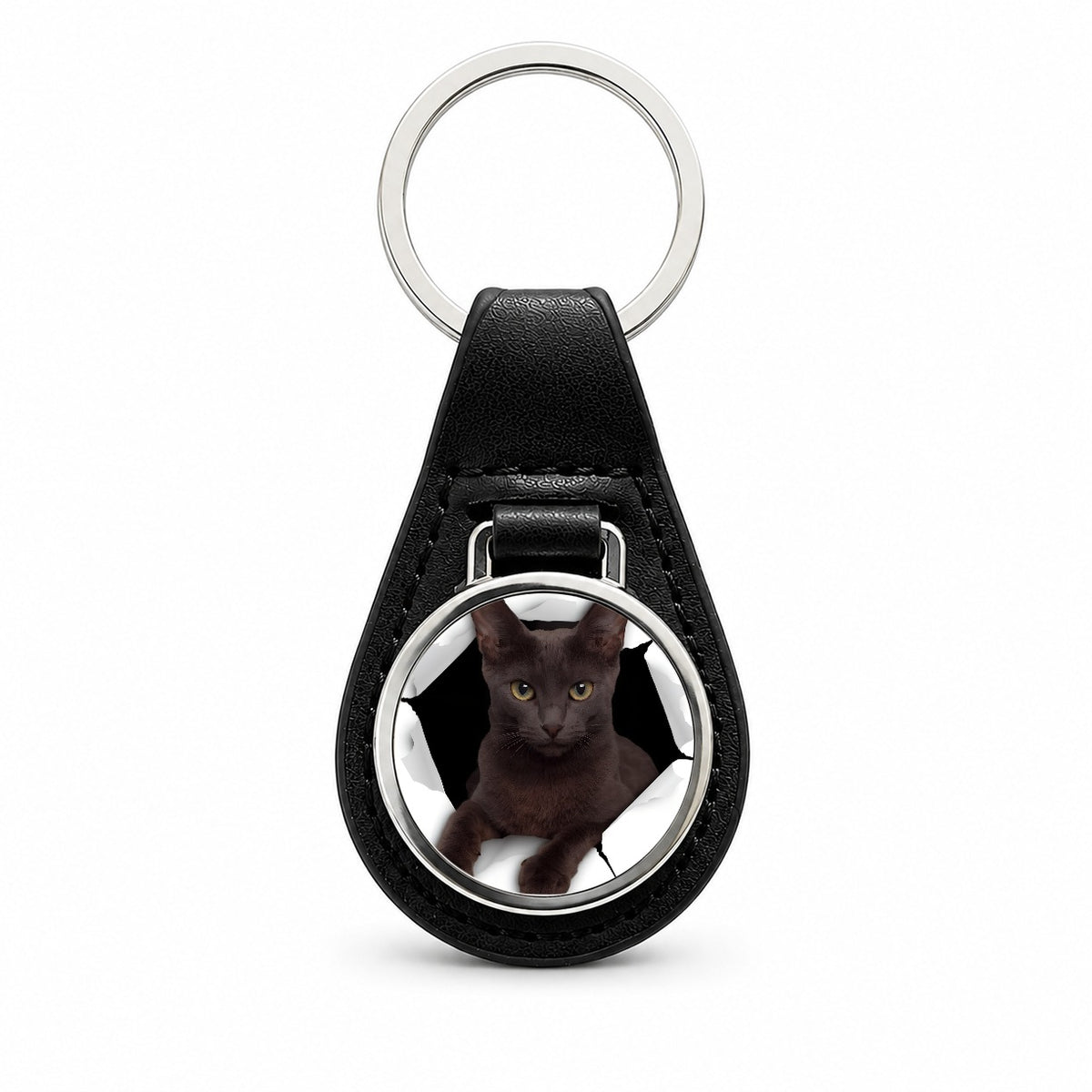 Russian Blue Cat Breakout Black Leather Metal Keychain