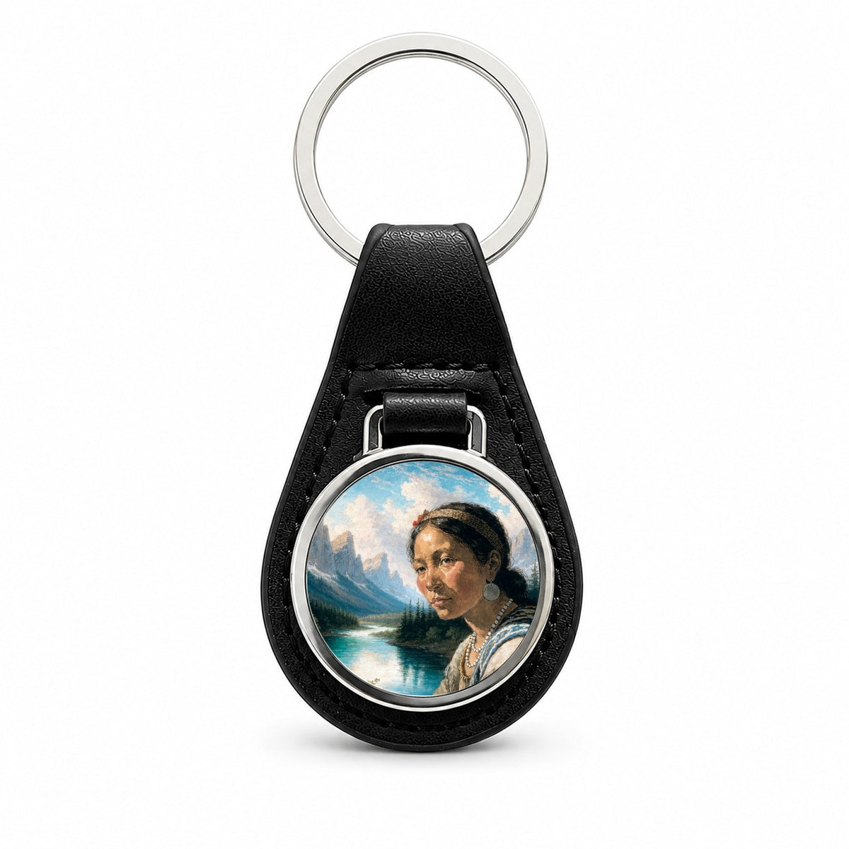 Sacagawea Explorer Black Leather Metal Keychain