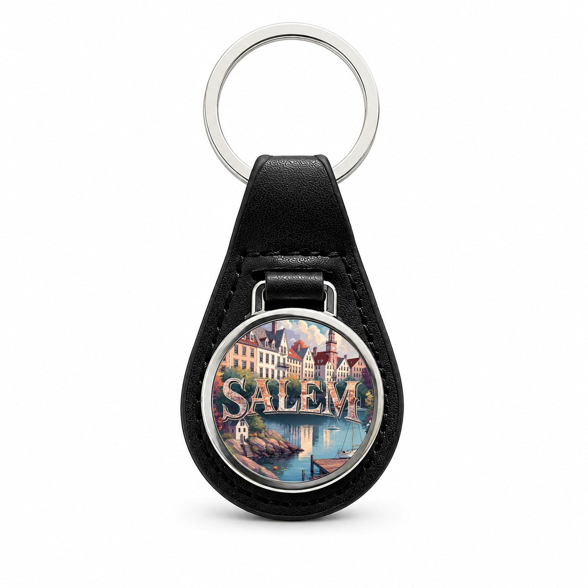 Salem Massachusetts Travel Black Leather Metal Keychain